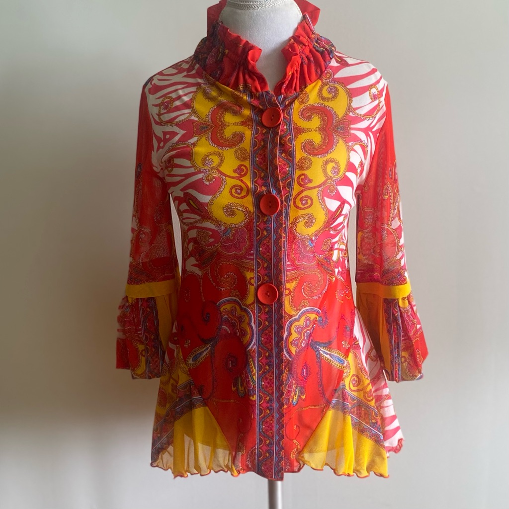 Damee Inc Red And Gold Ruffled Bell Sleeve Blouse